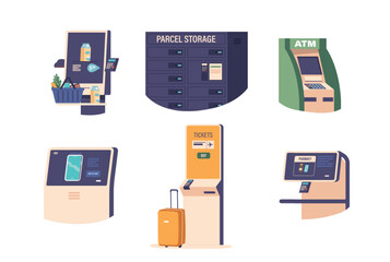 Self-service Terminals Allow Customers To Complete Transactions Independently, Such As Buying Goods, Vector Illustration