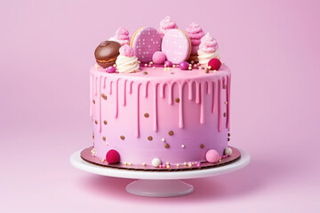 Cute birthday cake pink with macarons and donuts, Sweet cake for a surprise birthday, mother's Day, Valentine's Day