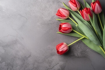 Beautiful red tulips on gray marbel background.Generative Ai.