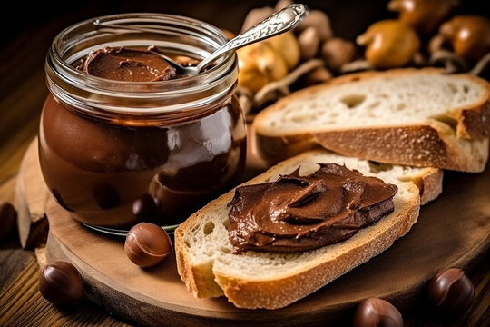 Hazelnut chocolate spread  toast  on wooden for breakfast.Generative Ai.