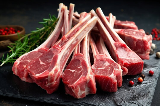 Raw lamb with rosemary on black stone background.Generative Ai.