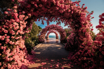  Flower arch from pink rose flower on blue sea background 