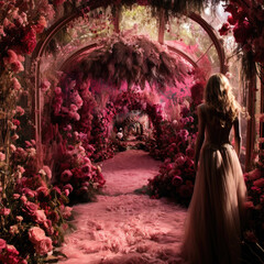  Women in pink dress stands near Flower arch from pink flower  with pink flamingo