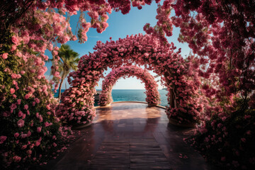  Flower arch from pink flower on blue sea background  - obrazy, fototapety, plakaty