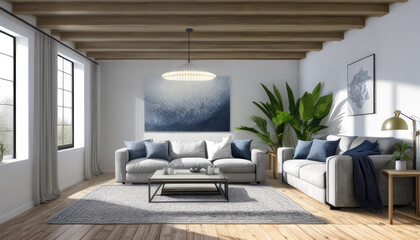 Fototapeta premium Photorealistic luxurious modern living room indoor interior with plants decor display