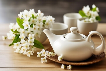 Obraz na płótnie Canvas Green tea with jasmine flower and white ceramic teapot.Generative Ai.