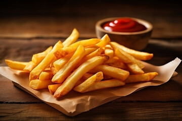 French fries with ketchup on wooden background .Generative Ai.