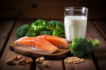 Milk, mixed vegetables, salmon healthy food on wooden background.Generative Ai.