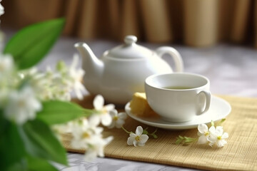 Fototapeta na wymiar Green tea with jasmine flower and white ceramic teapot.Generative Ai.
