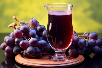 Grape juice in a glass on a wooden board on a green background.Red wine concept.Grape juice drink concept.