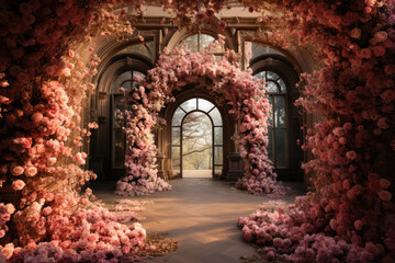  Flower arch from pink flowers in old castle 