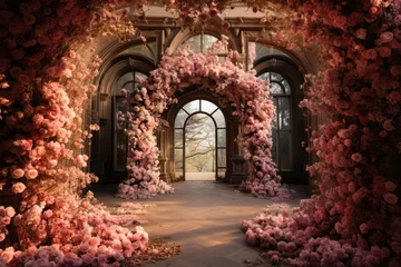 Papier Peint photo Vielles portes  Flower arch from pink flowers in old castle 