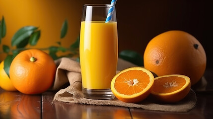 Fresh orange juice in a bottle and glass on wooden table. Generative AI