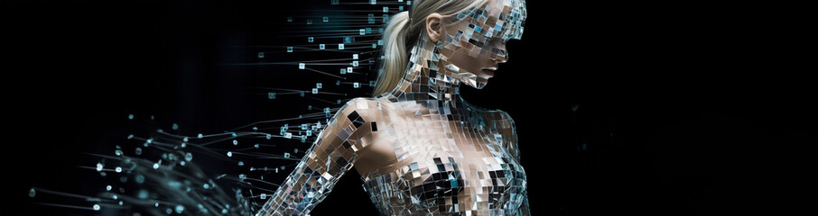 Hübsche sexy Frau als Hologramm mit abstrakten Cyberspace Hintergrund in Querformat als Banner, ai generativ - obrazy, fototapety, plakaty