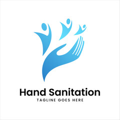Hand Sanitation logo design including water drop and blue color