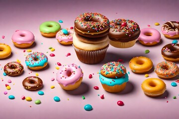 Falling cupcake and donuts on a 3D realistic background 