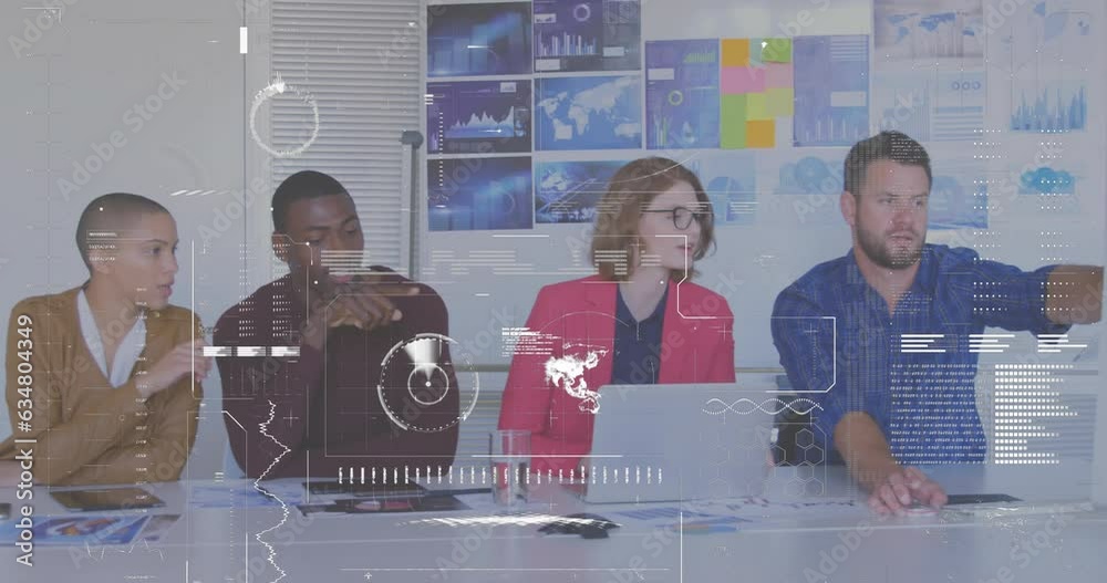 Poster animation of interface with data processing against diverse colleagues discussing together at office