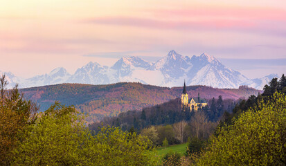 View to the Basilica of the Virgin Mary, Levoca and High Tatras on background 