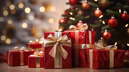 Obraz premium Gift, red boxes with beige bows on the background of a Christmas tree. Concept of Christmas, New Year, gift