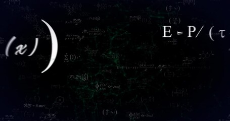 Animation of mathematical equations and network of connections floating against black background - Powered by Adobe
