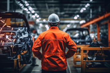 Worker In The Background Car Manufacturing Plant. Efficiency Of Worker, Role In Car Manufacturing Process, Training Enforcement Of Safety Protocols, Adaptability To Working Conditions