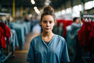 Worker In The Background Clothing Manufacturing Factory. Design Process, Legal Compliance, Machinery Used, Safety Protocols, Productivity Techniques, Worker Protection, Quality Control