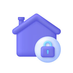 3D House protection illustration. Closed padlock. Home protection concept. Apartment smart guard or defence padlock.