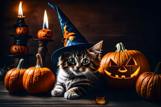 Cute kitten in a wizard hat and Halloween pumpkin