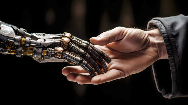 robotic hand and a human hand meet, forging a connection between technology and humanity