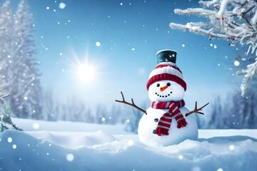 Naklejka na ściany i meble Cute Snowman with snow and tree in winter season on a isolated background