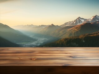 Wooden table top on blurred background of mountains. For product display