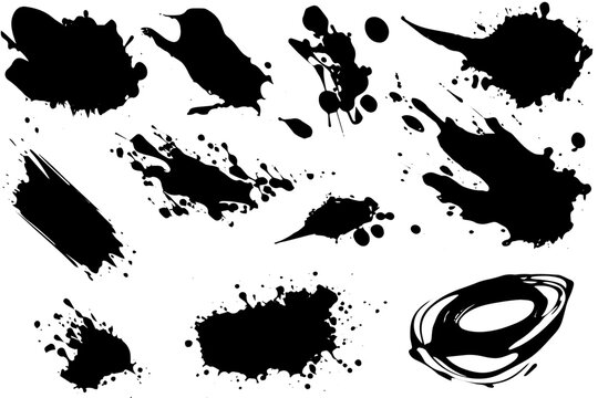 Vector set of ink splashes. Black inked splatter dirt stain splattered spray splash with drops blots isolated.