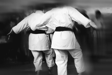Abstract black and white karate background. The concept of expressionism and motion blur with a barely visible silhouette of an athlete in a white kimano.