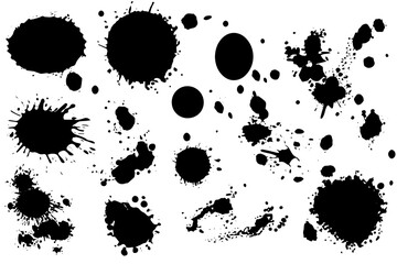 Vector set of ink splashes. Black inked splatter dirt stain splattered spray splash with drops blots isolated.