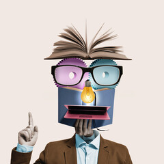 A funny character made from books, gears, a light bulb, glasses and a laptop. Art collage.