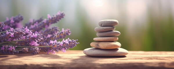 Stones and lavenders on wooden desk on background of lavender field. Spa still life in pastel colors. Copy space - Powered by Adobe