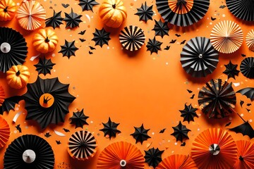 Halloween holiday decorations on orange background. Frame made of hanging paper fans and confetti. Top view. Halloween party invitation template, greeting card design