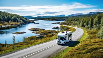 Modern motorhome driving on road, lake and mountains in background.