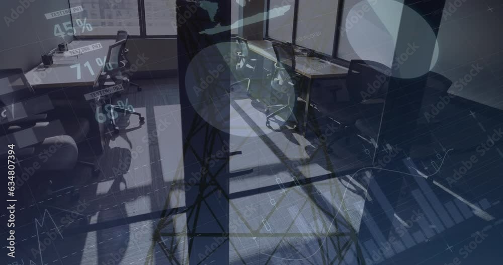 Poster animation of statistical data processing over empty office against network towers