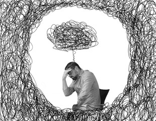 Pensive stressed man having negative thoughts while sitting in office chair. Crisis, depression concept. Art collage
