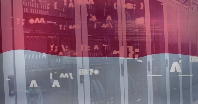 Animation of symbols, computer language and indonesian flag over server room