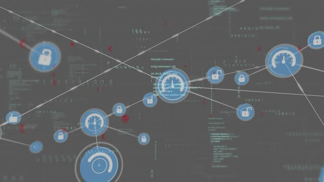 Animation of connected icons, computer language and binary codes over black background