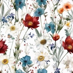 A water color painting style wild flowers floral seamlessly tiling pattern design. Generative AI.