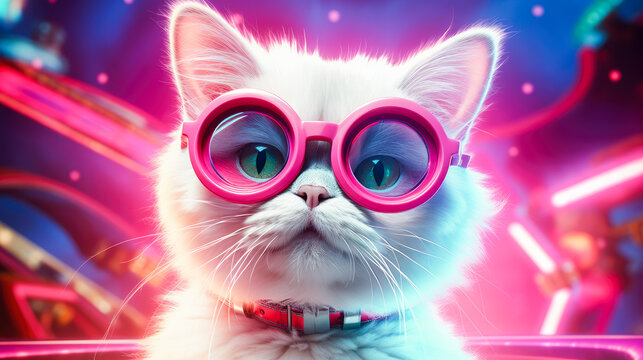 Really Cool White Cat Wearing Sunglasses. Party Neon Background. Vibrant Colors. Ai Generated
