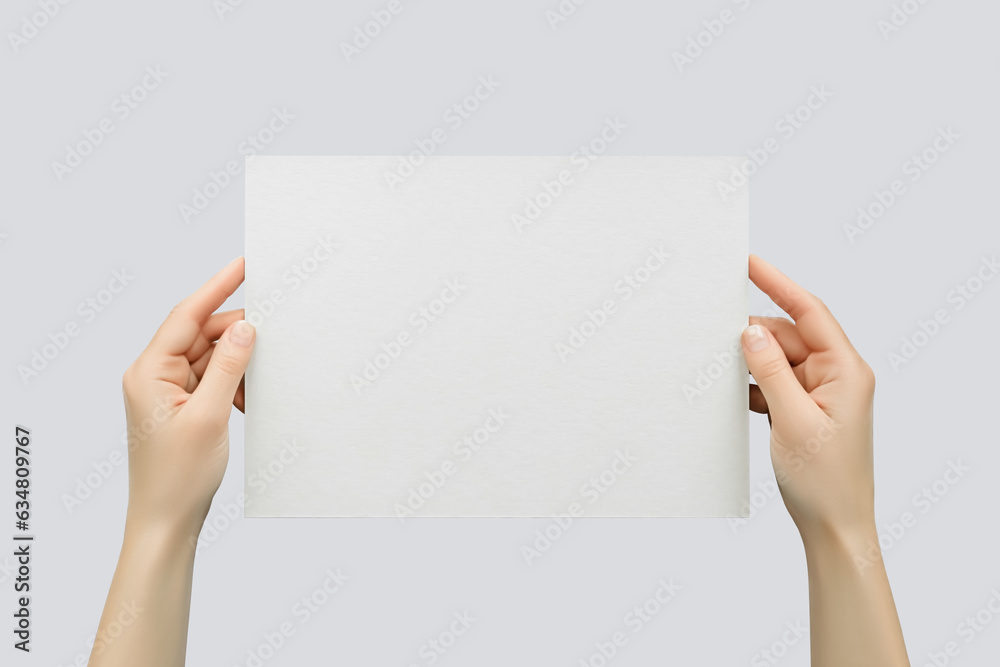 Wall mural female hands hold empty horizontal a4 banner isolated on grey background. empty space for text