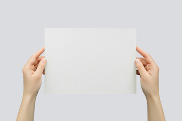 female hands hold empty horizontal a4 banner isolated on grey background. empty space for text