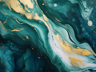 Abstract ocean background, swirls of marble, dark teal blue gold cream golden glitter