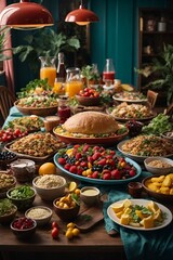 Fototapeta premium A bountiful feast laid out on a rustic wooden table