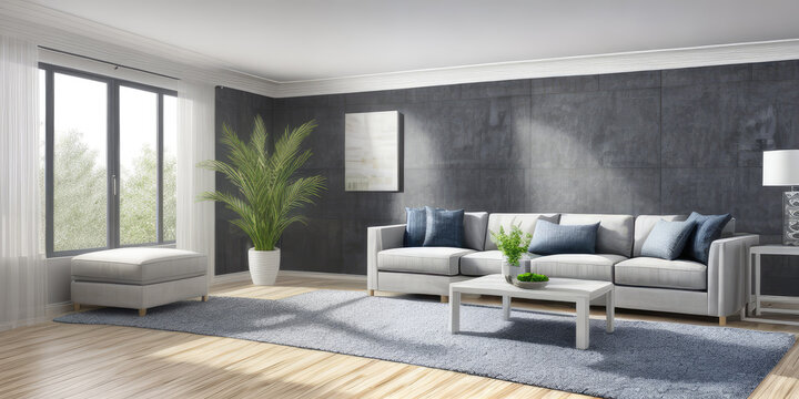 Photorealistic luxurious modern sitting room indoor interior with plants decor display