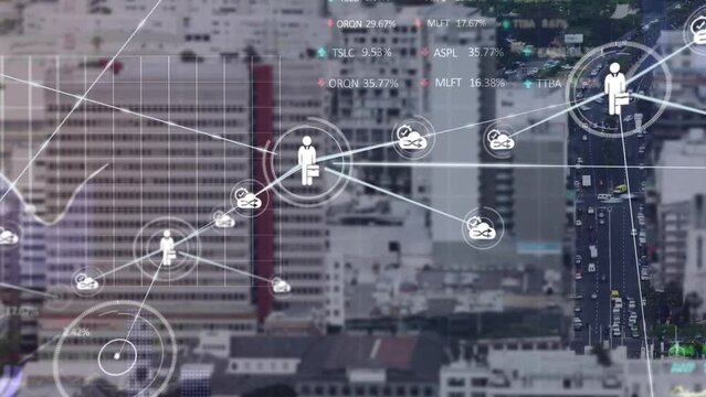 Animation of connected icons, graphs and trading board over time-lapse of vehicles and city